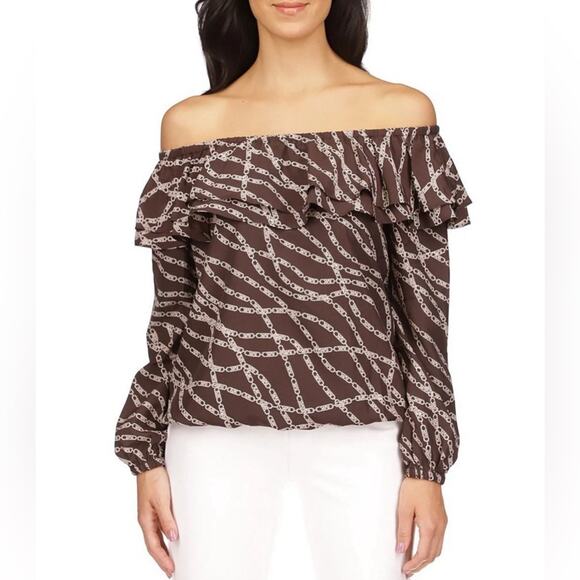 MICHAEL Michael Kors Printed Pebble Crepe Off-the-Shoulder L/S Bias Cut‎ Top M - Picture 1 of 16